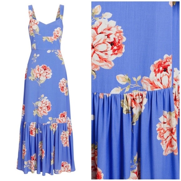 Intermix Mitzie Floral Sleeveless Dress Blue Maxi Tie Back Cutout Size 0 - Picture 7 of 10